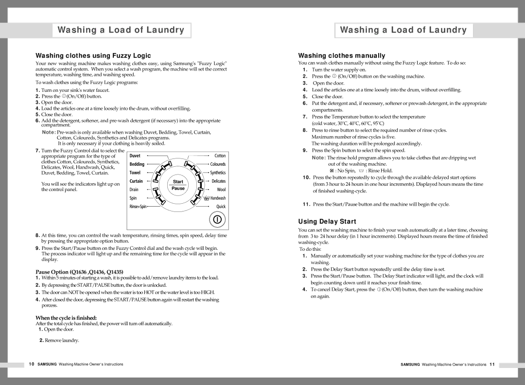 Samsung Q1236(C/S/V) Washing clothes using Fuzzy Logic, Washing clothes manually, Using Delay Start, Control panel 