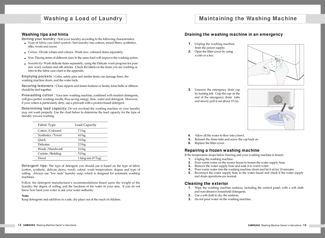 Samsung Q1235(C/S/V) Maintaining the Washing Machine, Washing tips and hints, Draining the washing machine in an emergency 