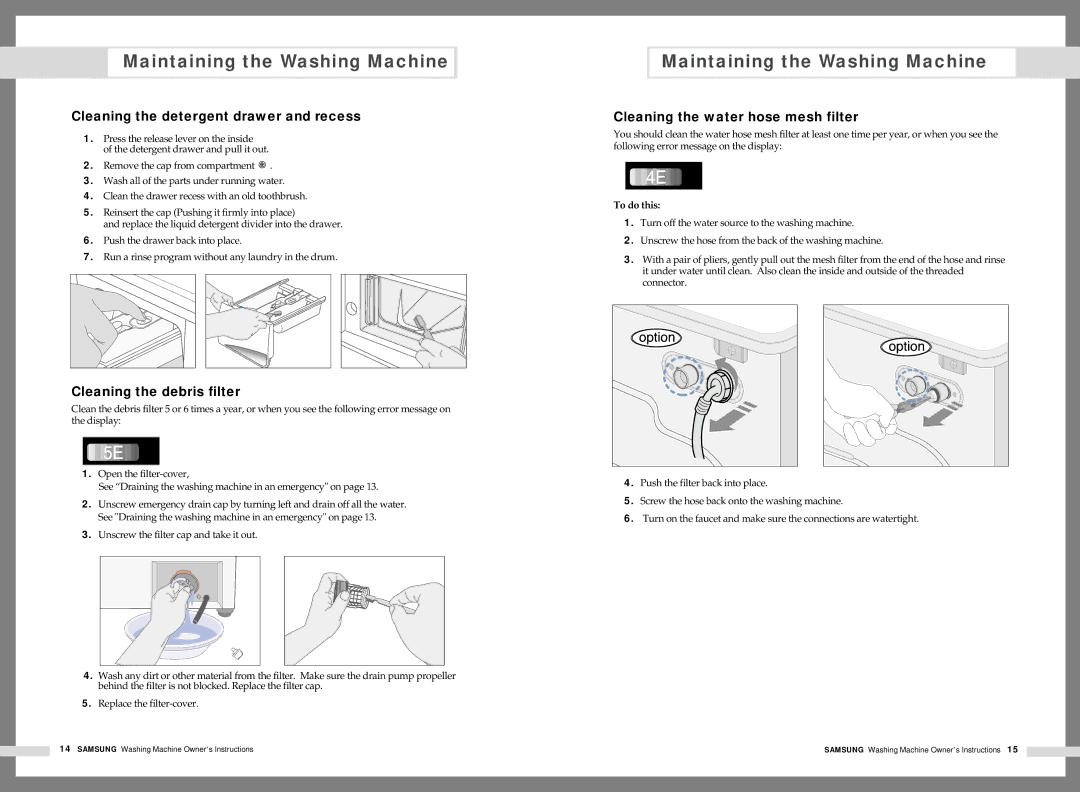 Samsung Q1636(C/S/V), Q1435(C/S/V) manual Cleaning the detergent drawer and recess, Cleaning the debris filter, To do this 