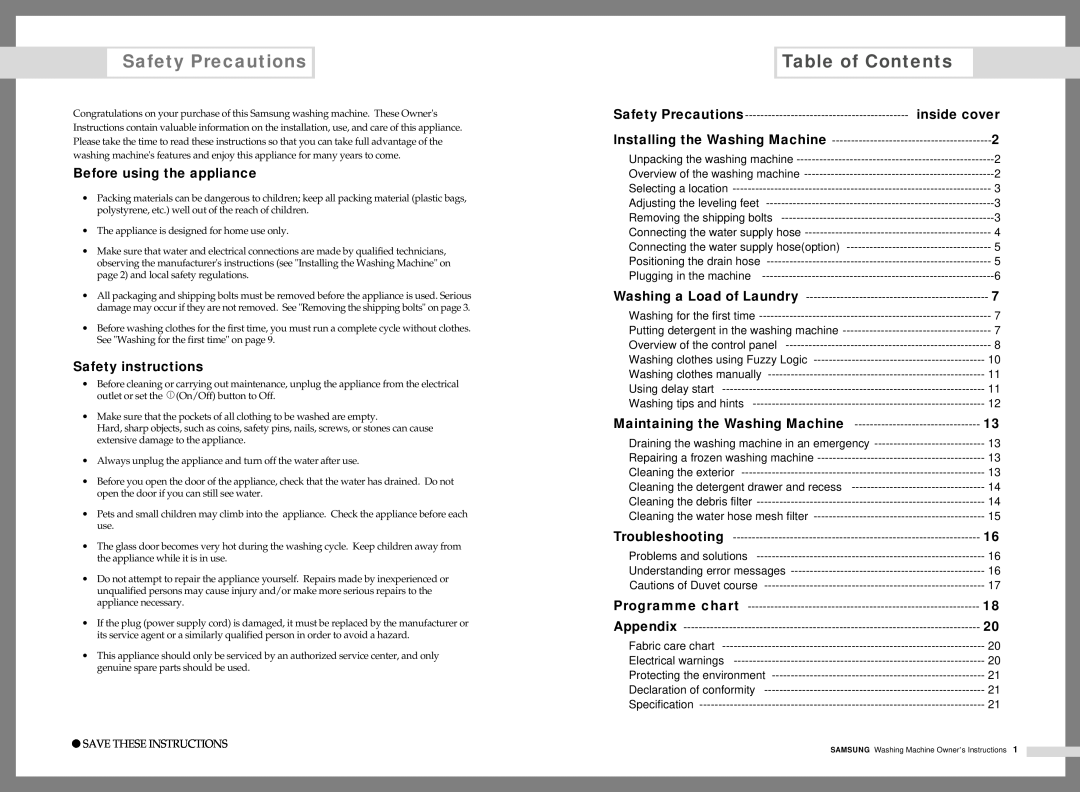 Samsung Q1236(C/S/V) Table of Contents, Safety Precautions, Before using the appliance, Safety instructions, inside cover 