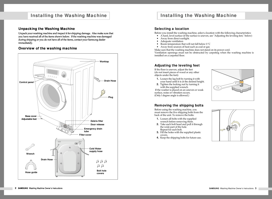 Samsung Q1235(C/S/V) manual Installing the Washing Machine, Unpacking the Washing Machine, Overview of the washing machine 