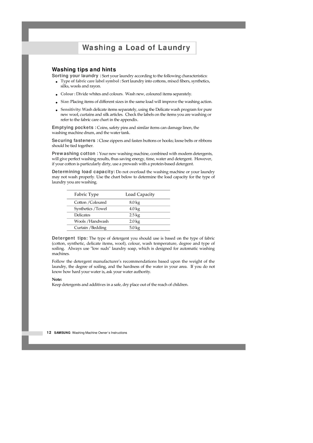 Samsung Q1435VEW1/XSG, Q1435VFW1-YL, Q1435VFW1/YL manual Washing tips and hints, Fabric Type Load Capacity 