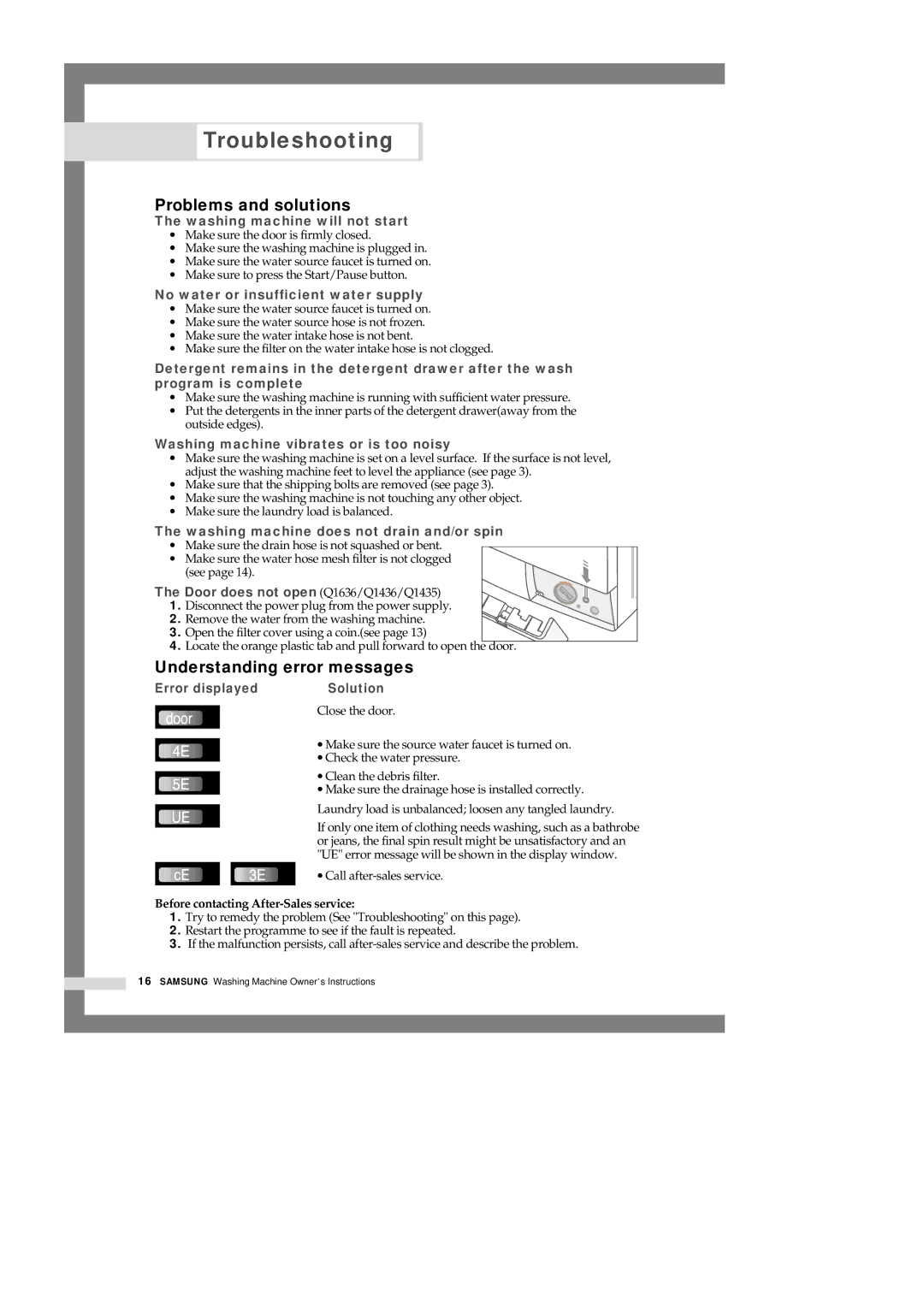 Samsung Q1435VFW1-YL, Q1435VFW1/YL, Q1435VEW1/XSG Troubleshooting, Problems and solutions, Understanding error messages 