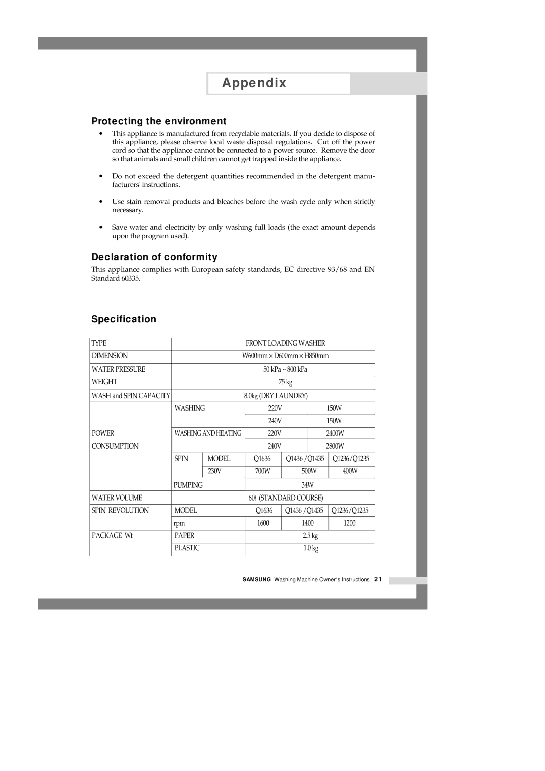 Samsung Q1435VEW1/XSG, Q1435VFW1-YL, Q1435VFW1/YL manual Protecting the environment, Declaration of conformity, Specification 