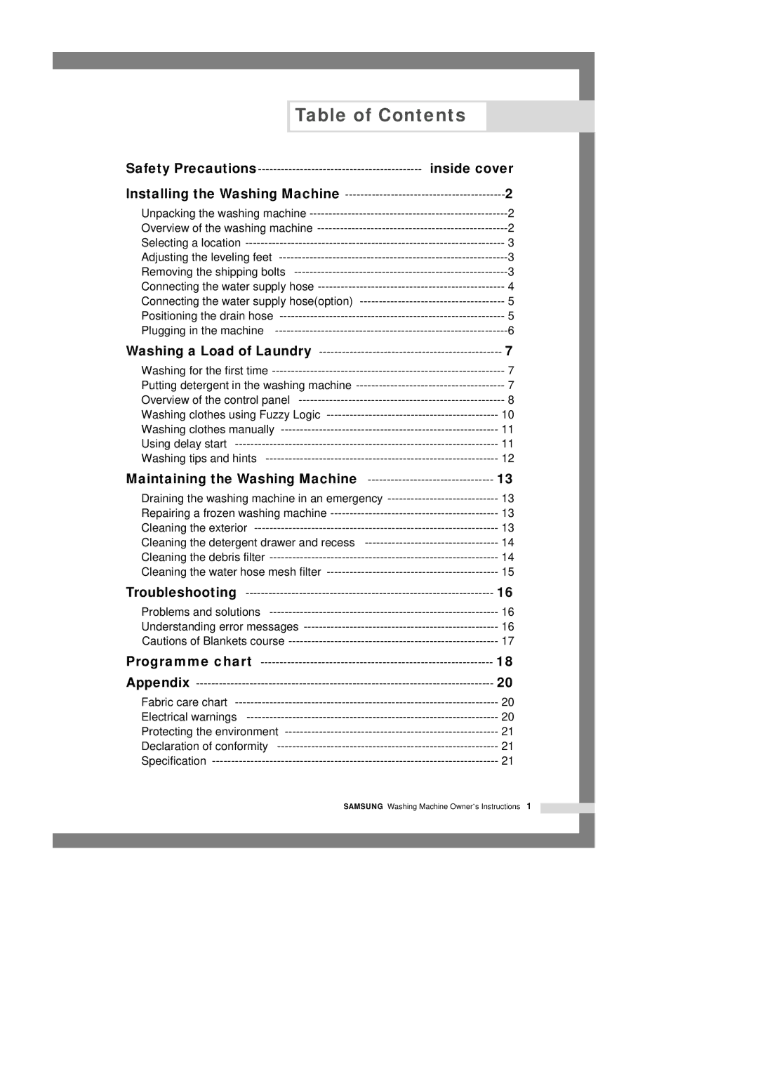 Samsung Q1435VFW1-YL, Q1435VFW1/YL, Q1435VEW1/XSG manual Table of Contents 