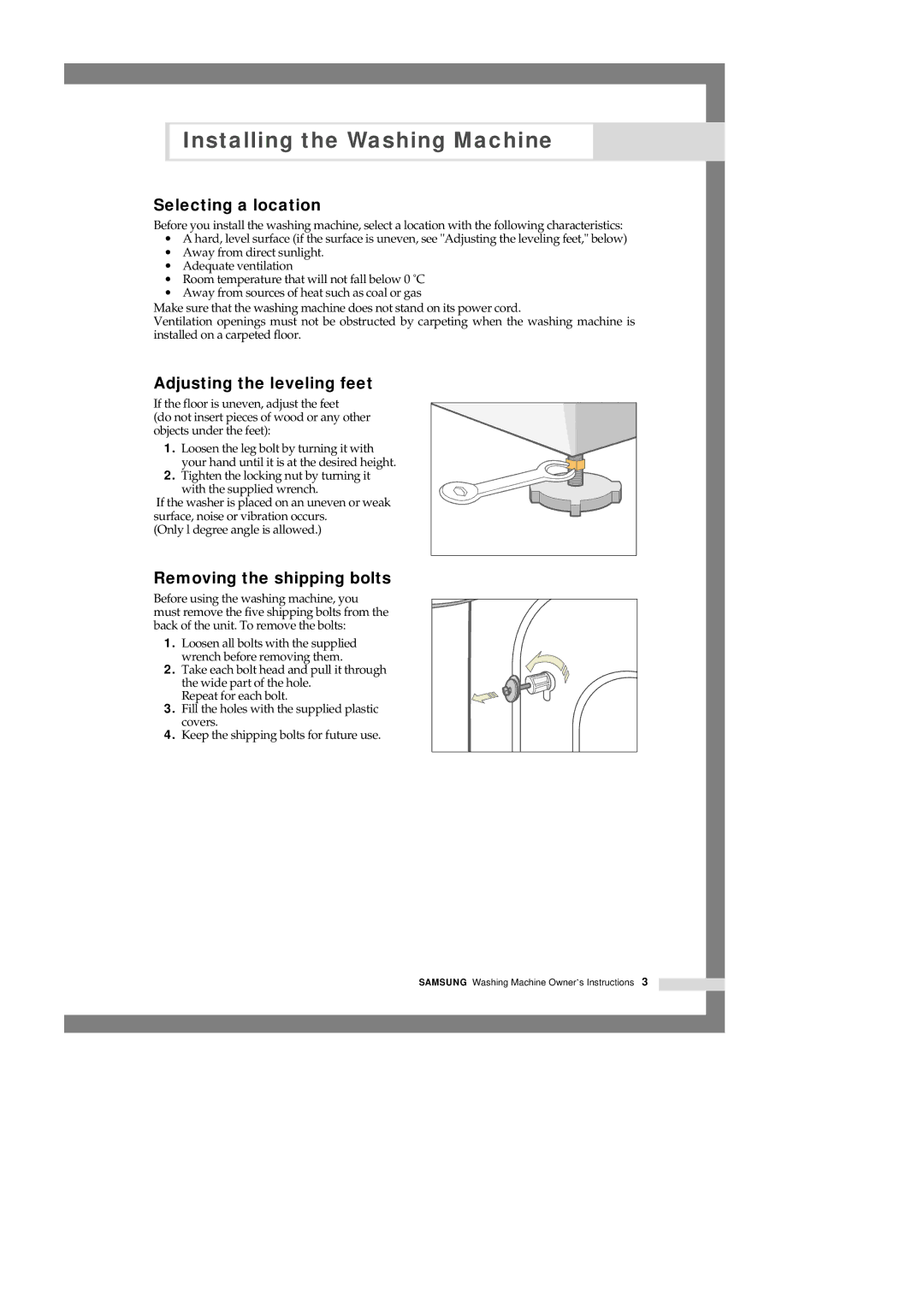 Samsung Q1435VEW1/XSG, Q1435VFW1-YL manual Selecting a location, Adjusting the leveling feet, Removing the shipping bolts 