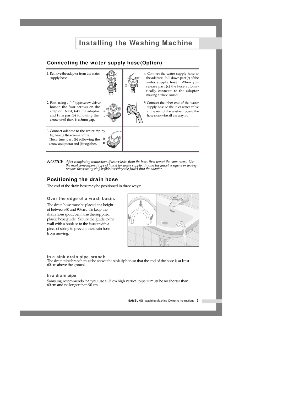 Samsung Q1435VFW1/YL, Q1435VFW1-YL, Q1435VEW1/XSG manual Connecting the water supply hoseOption, Positioning the drain hose 