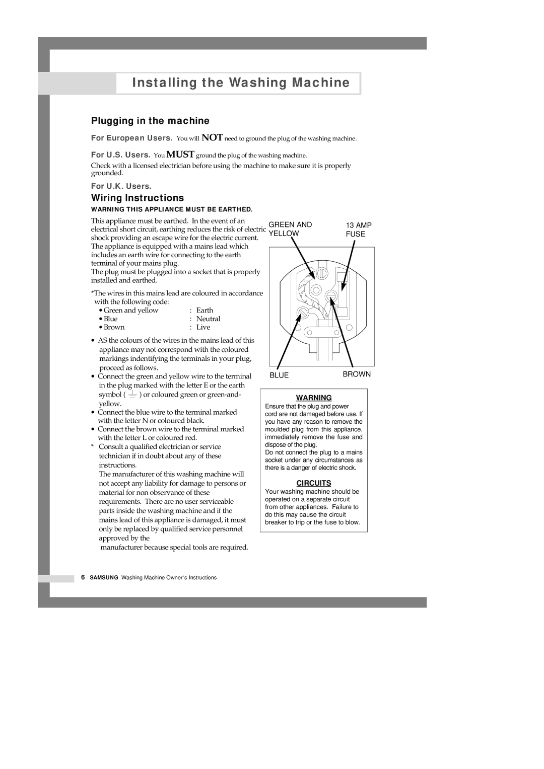 Samsung Q1435VEW1/XSG, Q1435VFW1-YL, Q1435VFW1/YL manual Plugging in the machine, Wiring lnstructions 