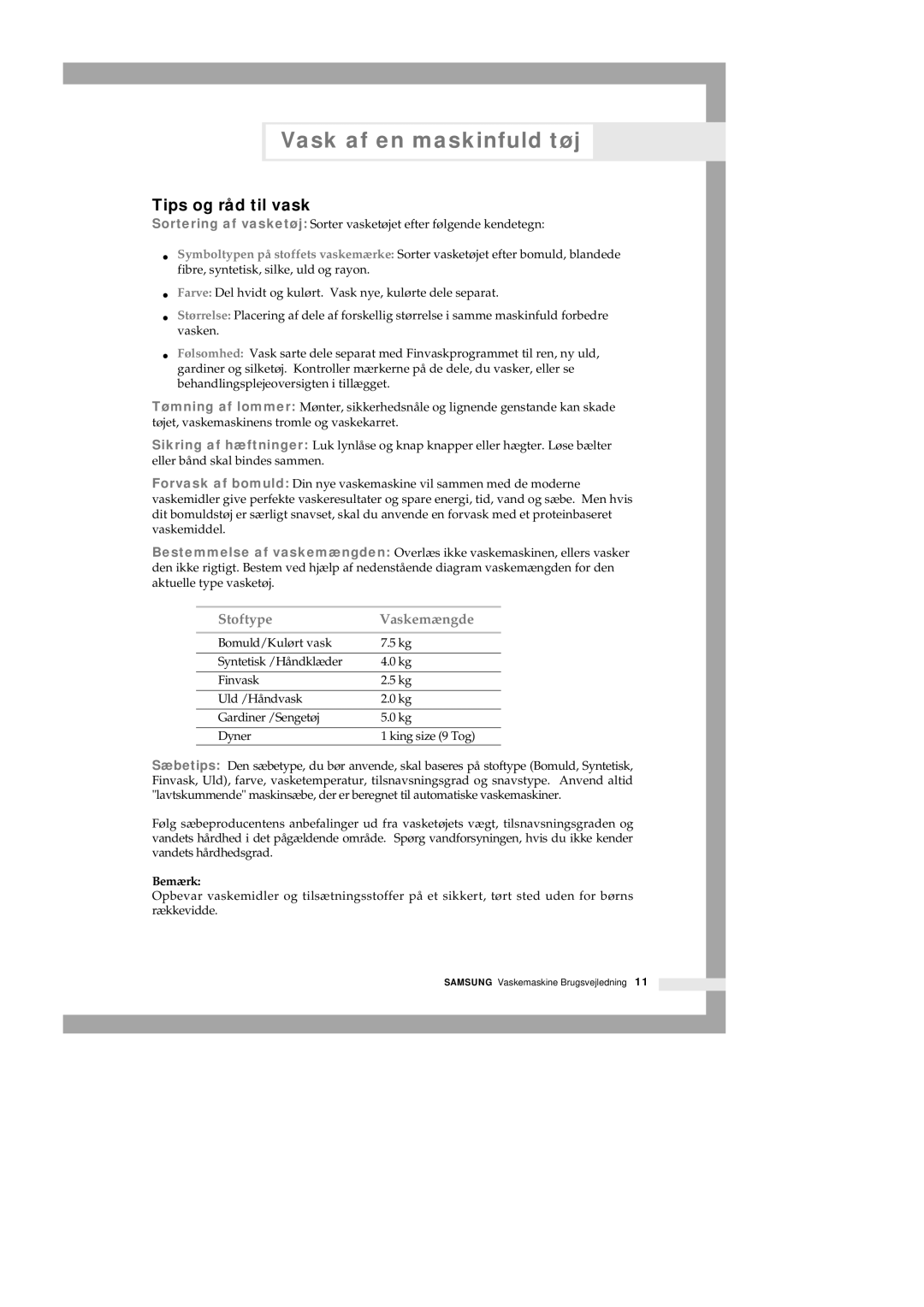 Samsung Q1435GW1/XEE, Q1435VGW1-XEE, Q1435GW/XEE, Q1235VGW1-XEE manual Tips og råd til vask, Bemærk 