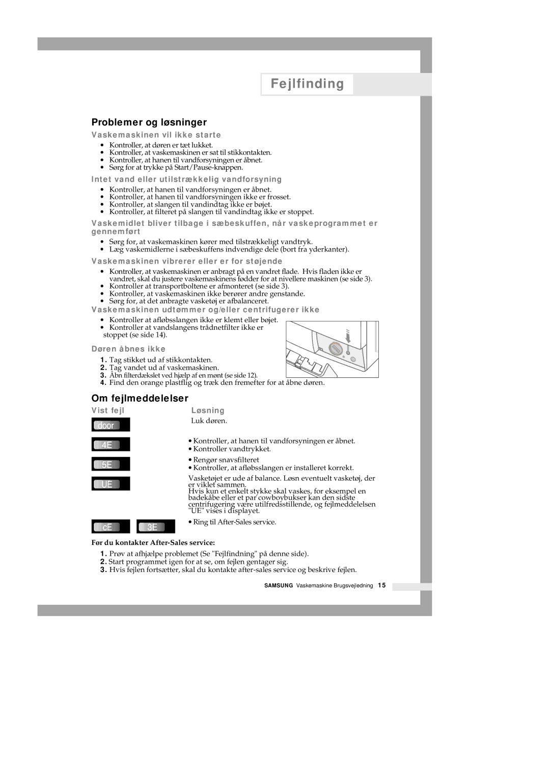 Samsung Q1435GW1/XEE manual Fejlfinding, Problemer og løsninger, Om fejlmeddelelser, Før du kontakter After-Sales service 