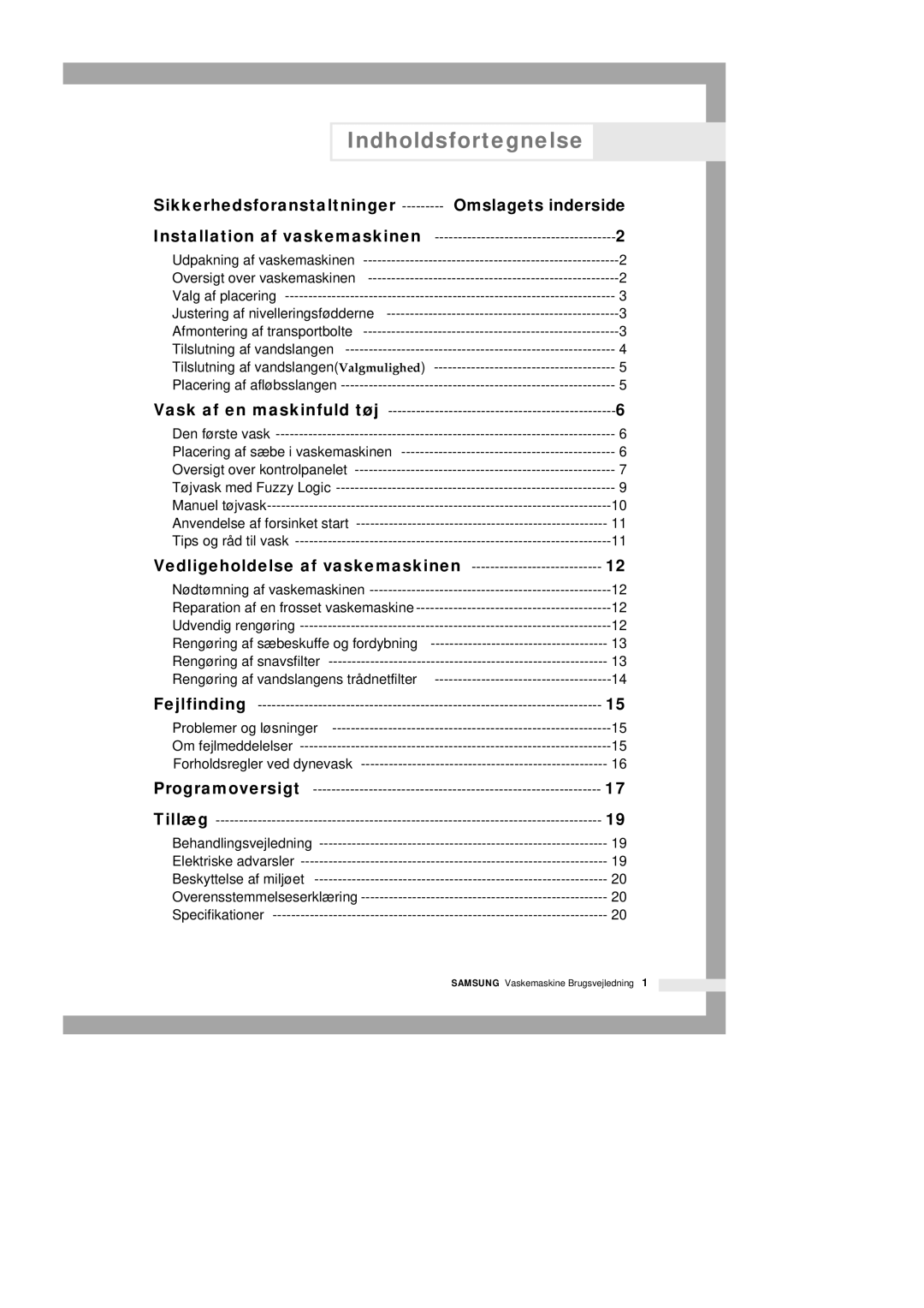 Samsung Q1235VGW1-XEE, Q1435VGW1-XEE, Q1435GW1/XEE manual Indholdsfortegnelse, Sikkerhedsforanstaltninger Omslagets inderside 