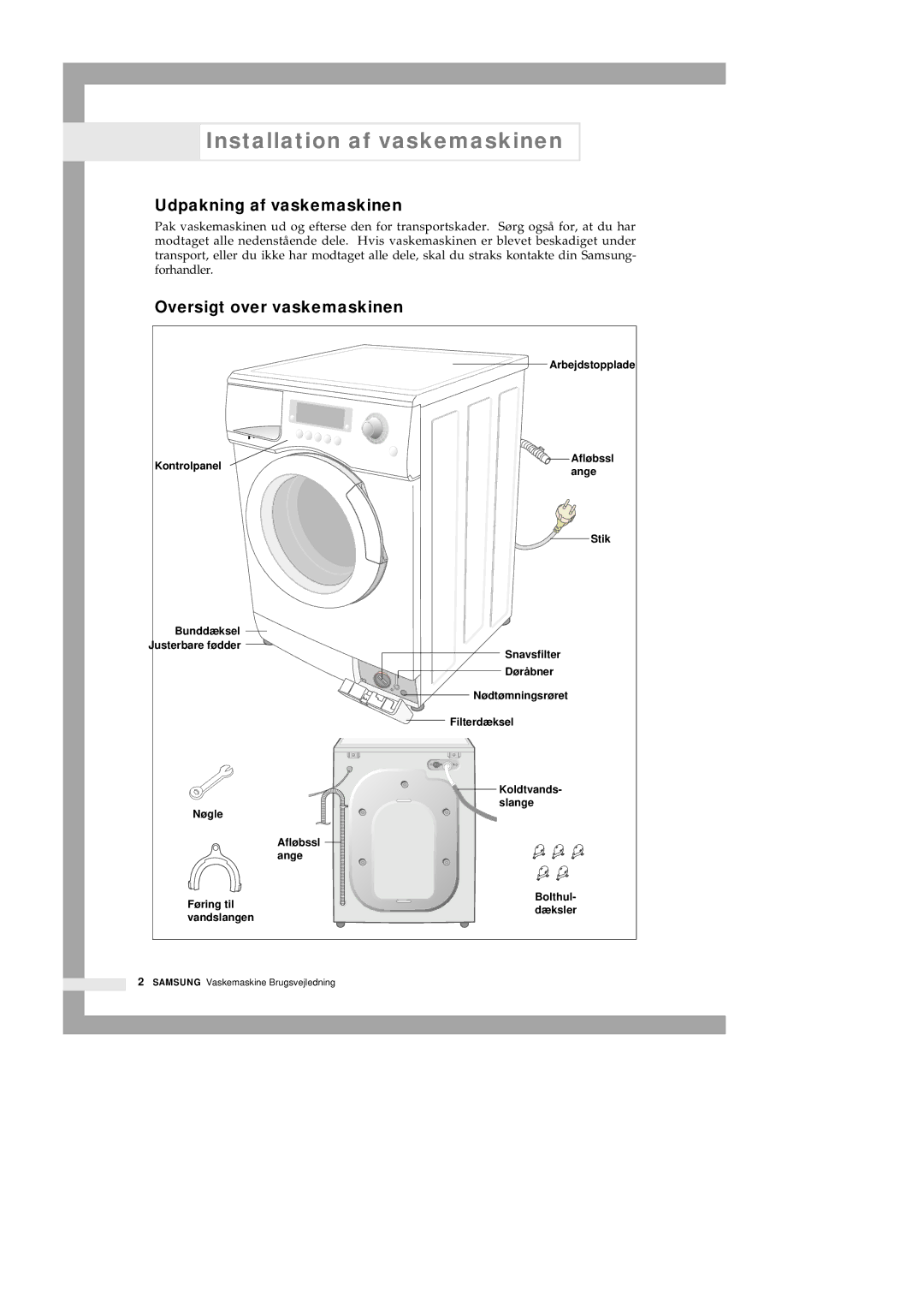 Samsung Q1435VGW1-XEE, Q1435GW1/XEE Installation af vaskemaskinen, Udpakning af vaskemaskinen, Oversigt over vaskemaskinen 