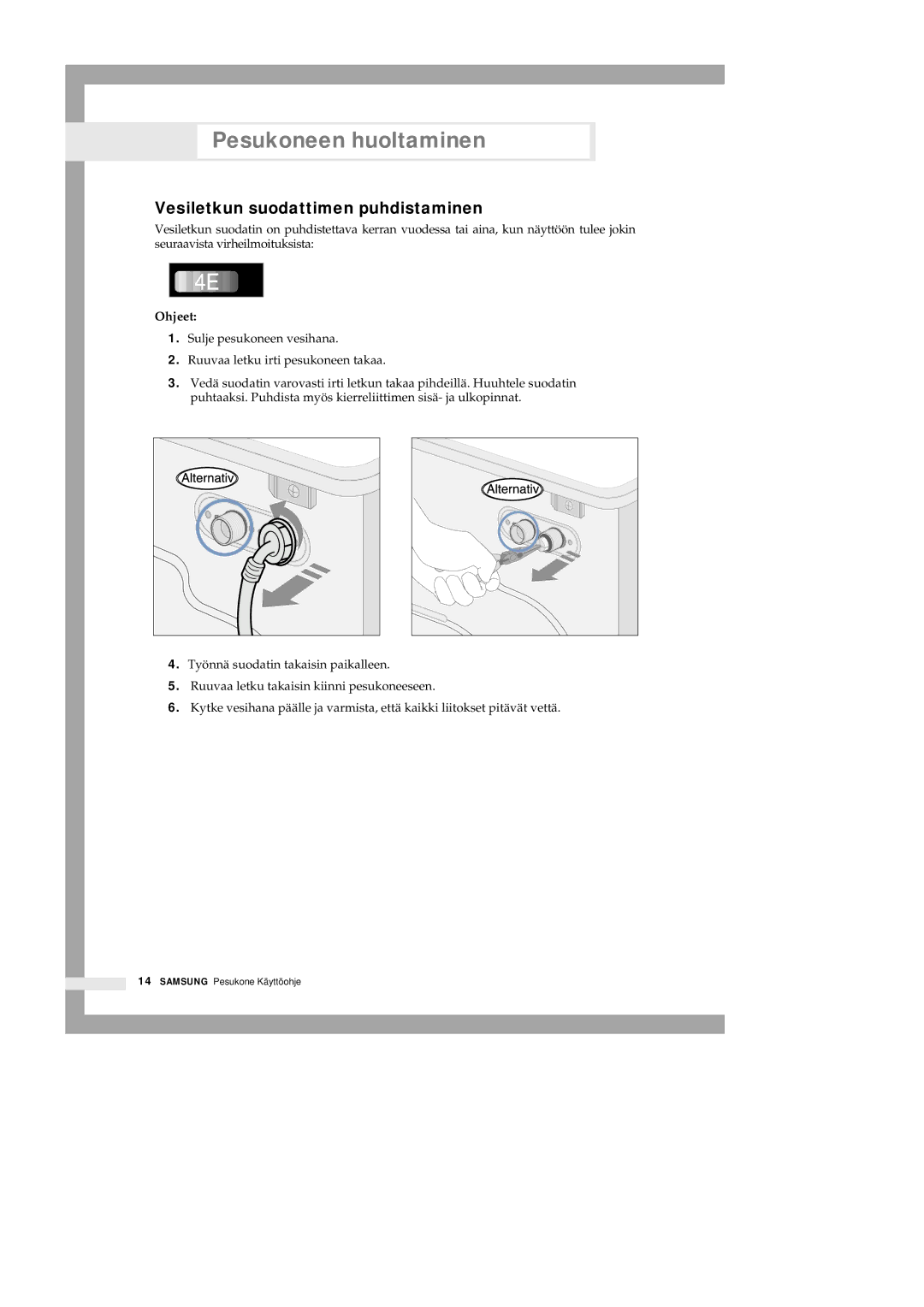 Samsung Q1435VGW1-XEE, Q1435GW1/XEE, Q1435GW/XEE, Q1235VGW1-XEE manual Vesiletkun suodattimen puhdistaminen, Ohjeet 