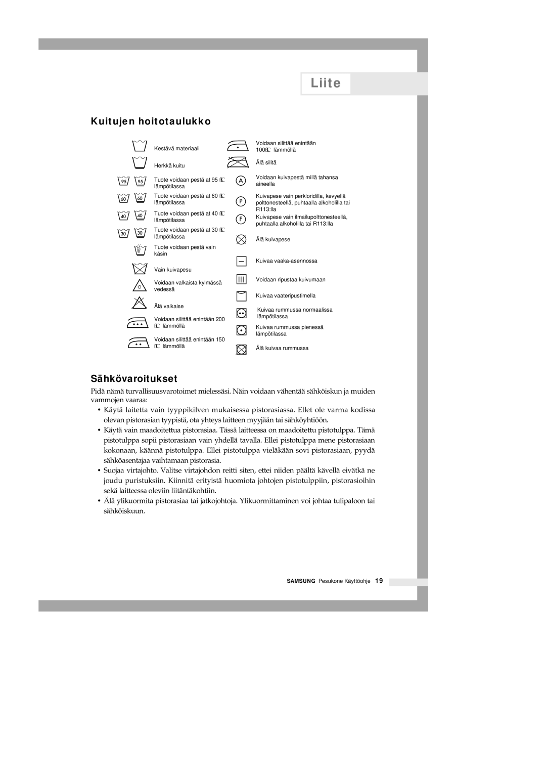 Samsung Q1435GW1/XEE, Q1435VGW1-XEE, Q1435GW/XEE, Q1235VGW1-XEE manual Liite, Kuitujen hoitotaulukko, Sähkövaroitukset 