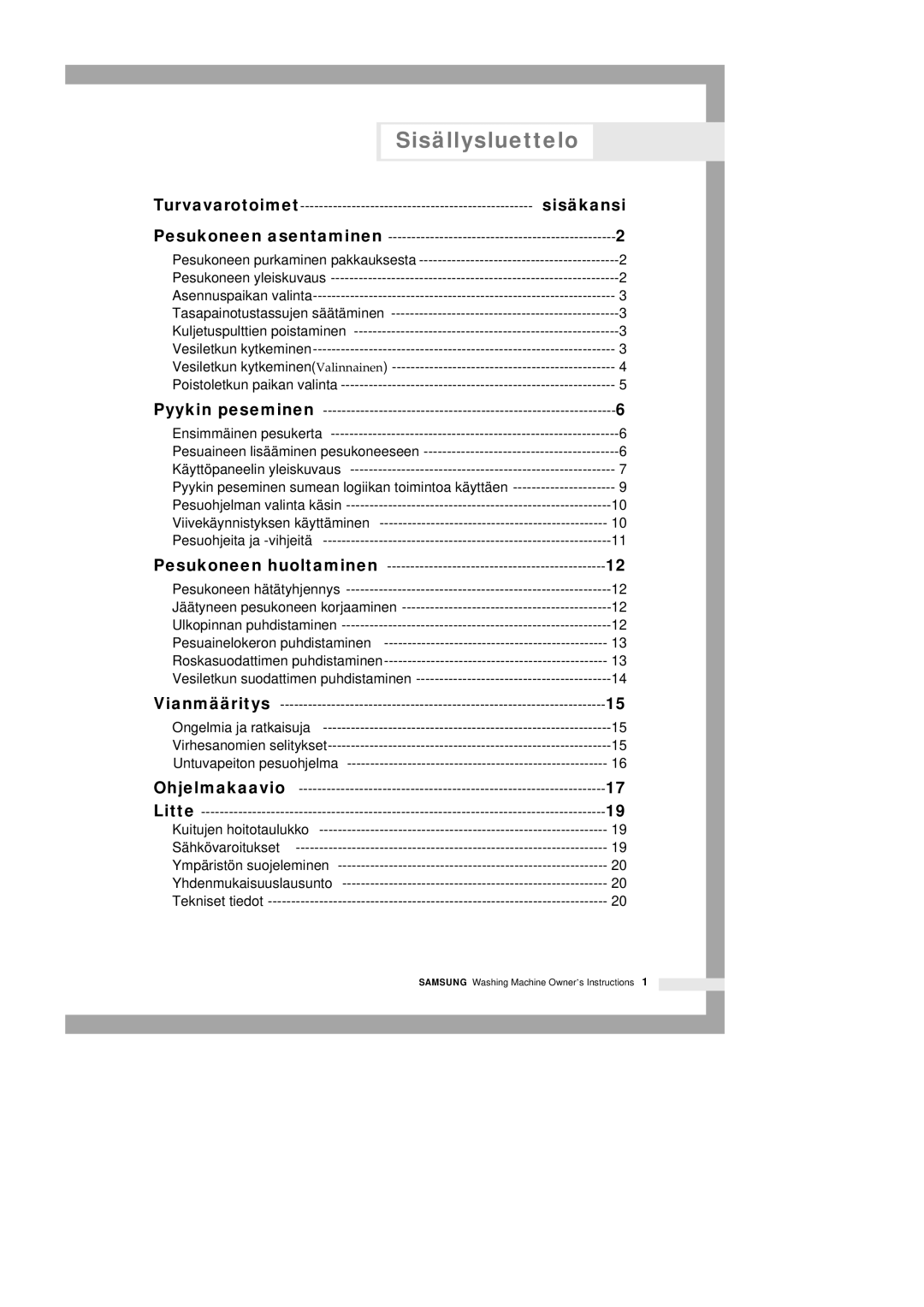 Samsung Q1235VGW1-XEE, Q1435VGW1-XEE, Q1435GW1/XEE, Q1435GW/XEE manual Sisällysluettelo, Sisäkansi 