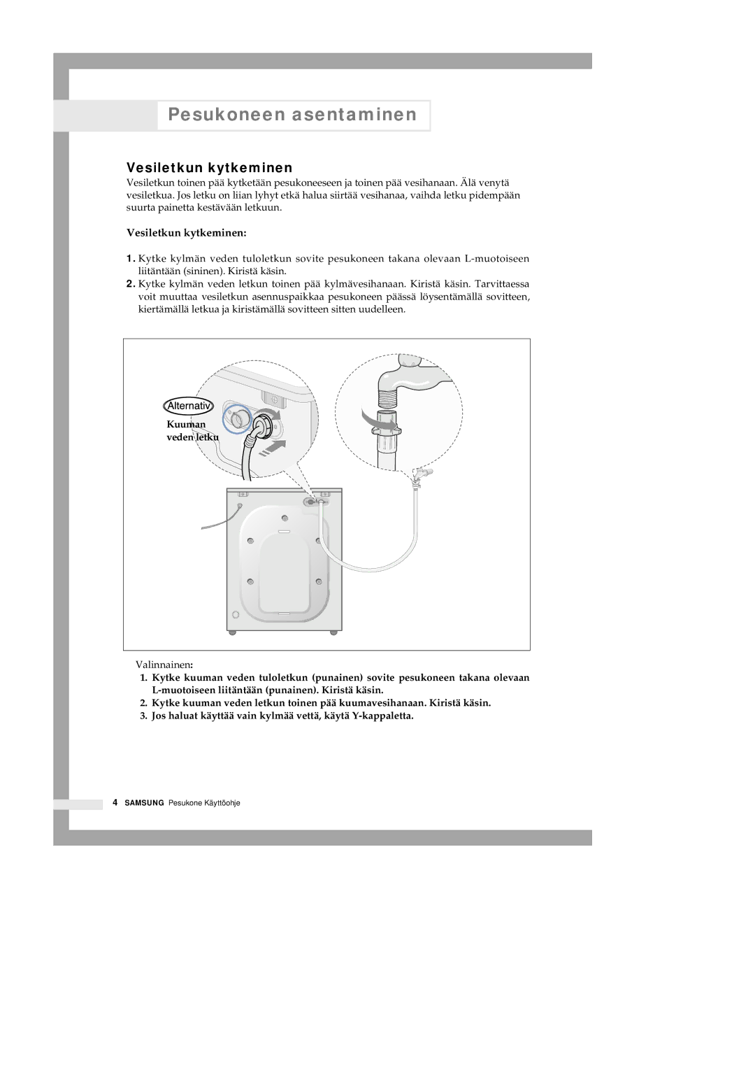 Samsung Q1435GW/XEE, Q1435VGW1-XEE, Q1435GW1/XEE, Q1235VGW1-XEE manual Vesiletkun kytkeminen 