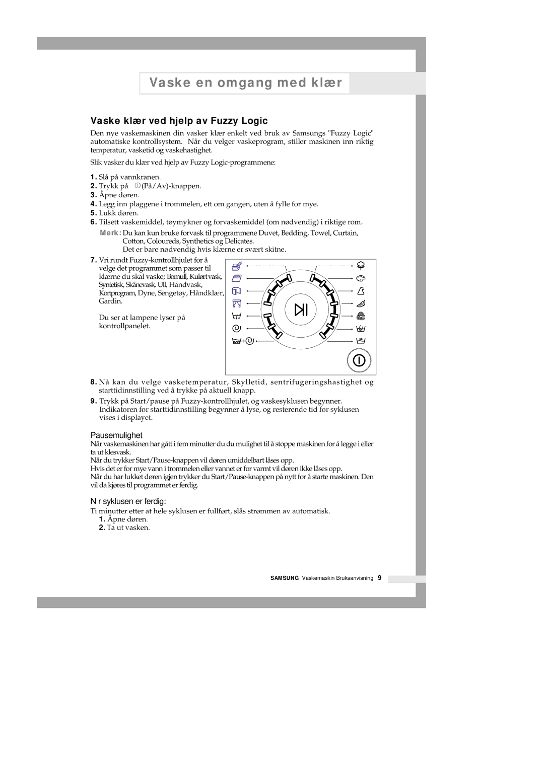 Samsung Q1235VGW1-XEE, Q1435VGW1-XEE, Q1435GW1/XEE, Q1435GW/XEE manual Vaske klær ved hjelp av Fuzzy Logic, Pausemulighet 