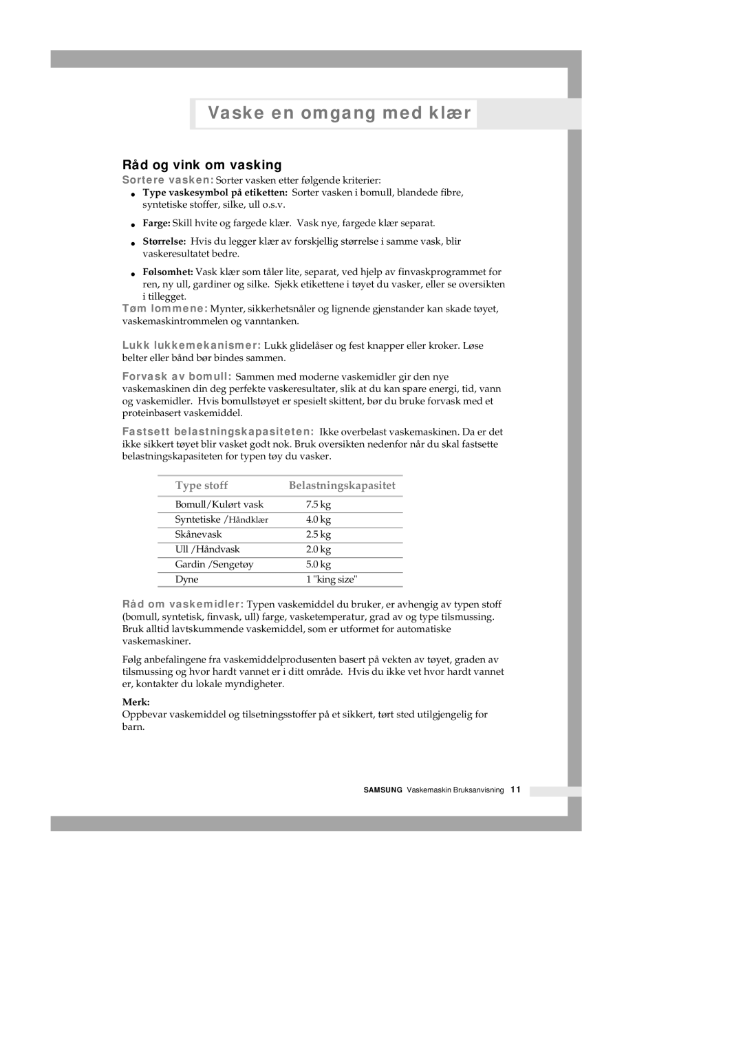 Samsung Q1435GW1/XEE, Q1435VGW1-XEE, Q1435GW/XEE, Q1235VGW1-XEE manual Råd og vink om vasking, Merk 