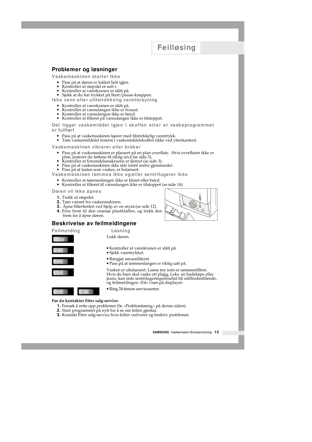 Samsung Q1435GW1/XEE, Q1435VGW1-XEE, Q1435GW/XEE manual Feilløsing, Problemer og løsninger, Beskrivelse av feilmeldingene 