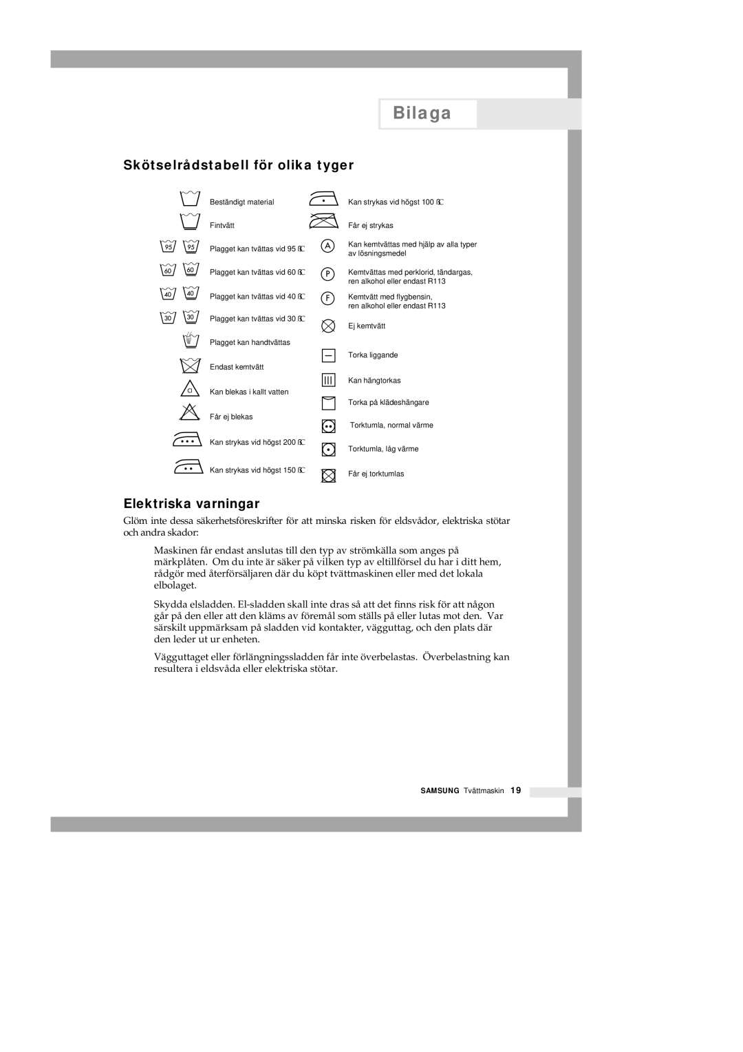 Samsung Q1435GW1/XEE, Q1435VGW1-XEE, Q1435GW/XEE manual Bilaga, Skötselrådstabell för olika tyger, Elektriska varningar 