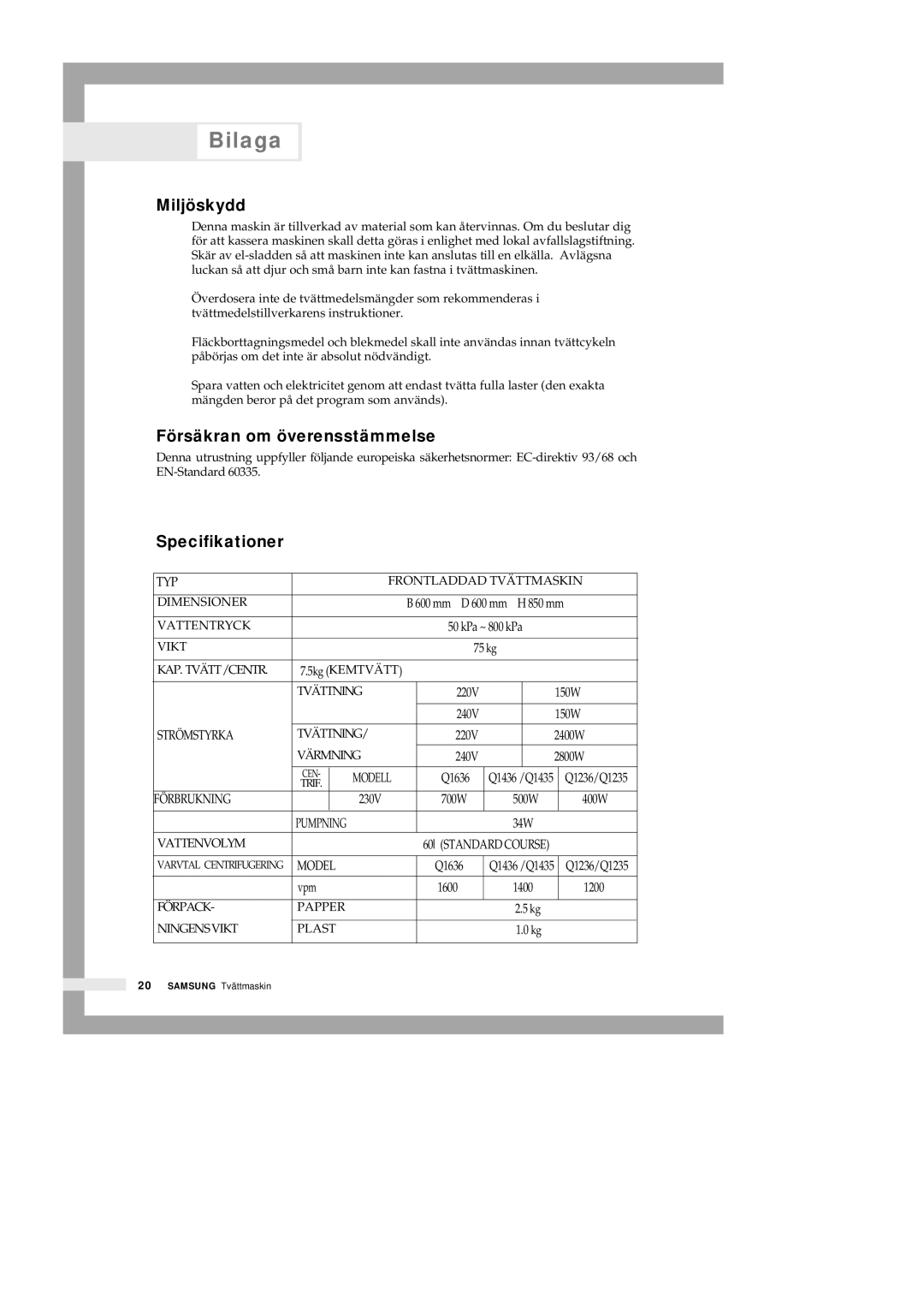 Samsung Q1435GW/XEE, Q1435VGW1-XEE, Q1435GW1/XEE, Q1235VGW1-XEE Miljöskydd, Försäkran om överensstämmelse, Specifikationer 