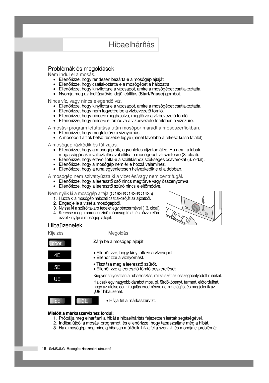 Samsung Q1435VGW1-XEH manual Hibaelhárítás, Problémák és megoldások, Hibaüzenetek, MielŒtt a márkaszervizhez fordul 