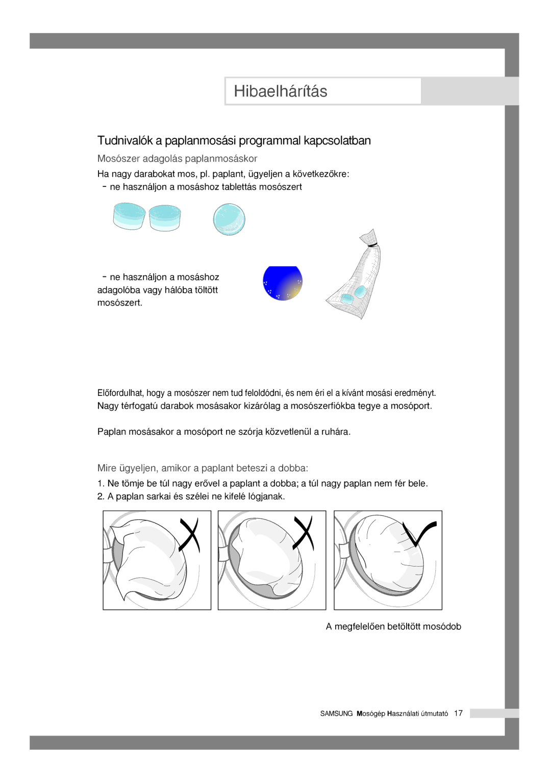 Samsung Q1435VGW1/XEH, Q1435VGW1-XEH manual Tudnivalók a paplanmosási programmal kapcsolatban 