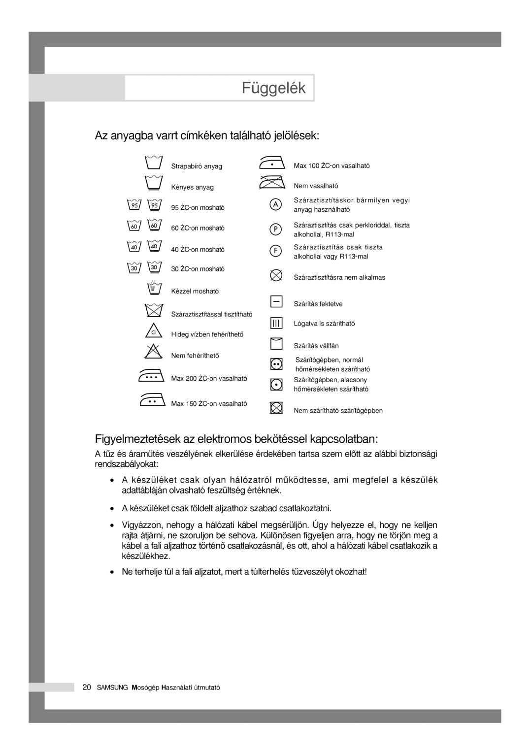 Samsung Q1435VGW1-XEH, Q1435VGW1/XEH manual Függelék, Az anyagba varrt címkéken található jelölések 