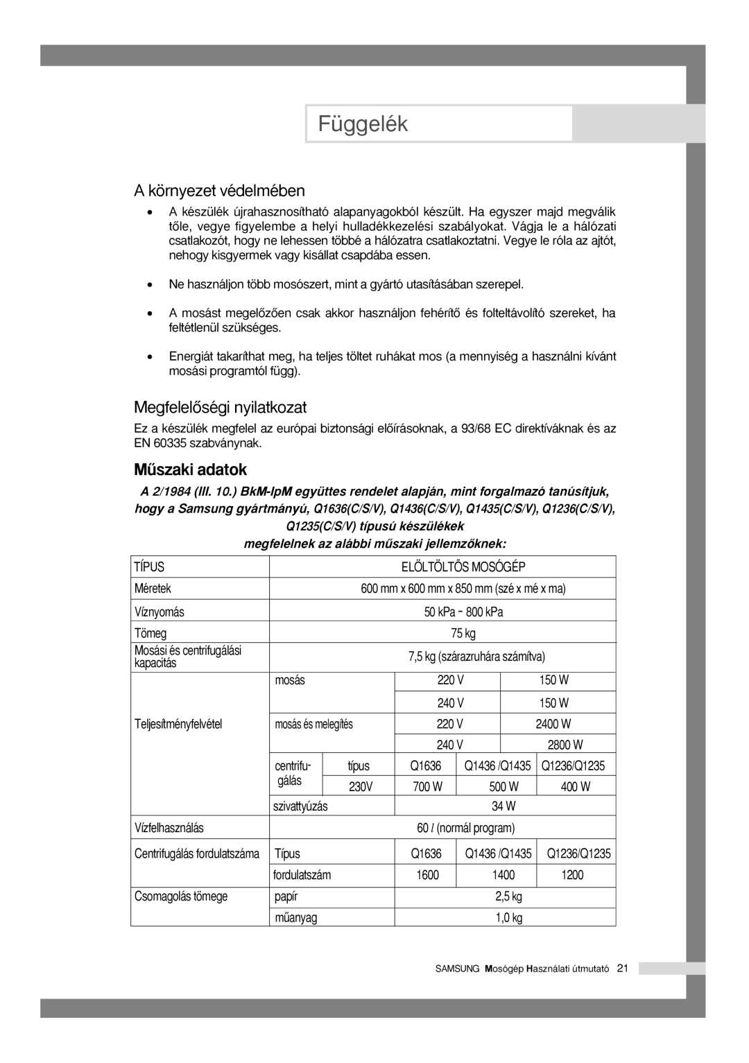 Samsung Q1435VGW1/XEH, Q1435VGW1-XEH manual Környezet védelmében, MegfelelŒségi nyilatkozat 