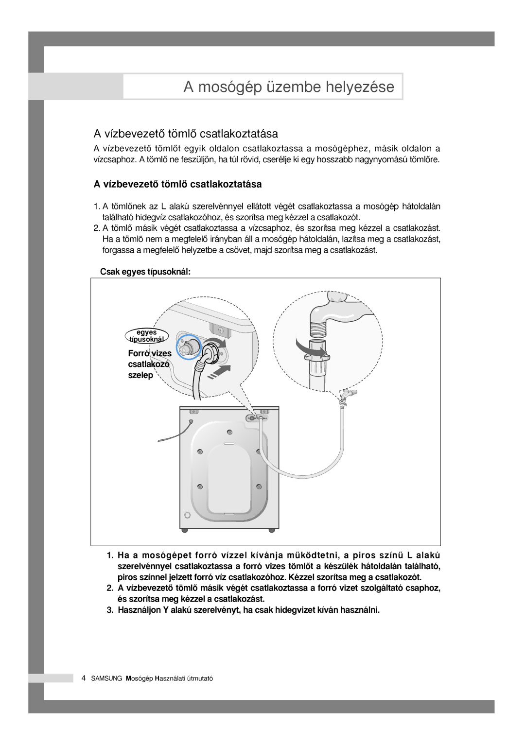 Samsung Q1435VGW1-XEH, Q1435VGW1/XEH manual VízbevezetŒ tömlŒ csatlakoztatása, Csak egyes típusoknál 