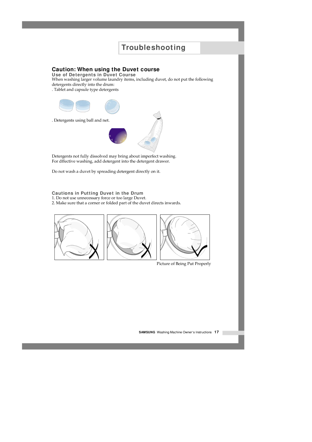 Samsung Q1435VGW1-XEF, Q1435VGW1/YLE, Q1435VGW1/XEF, Q1636VGW/XEF, Q1435VGW1-XEE manual Use of Detergents in Duvet Course 