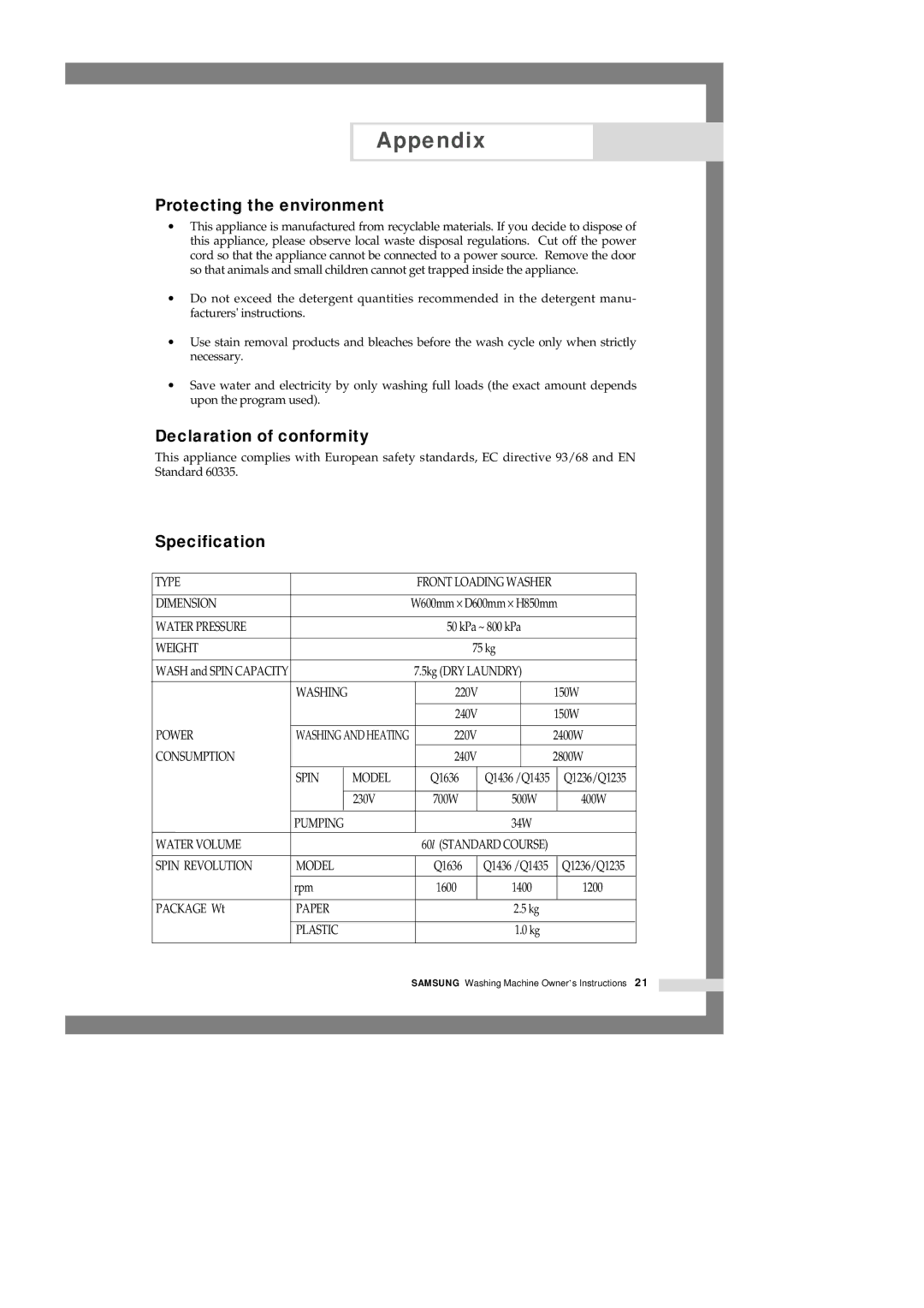 Samsung Q1235VGW1-XEE, Q1435VGW1/YLE, Q1435VGW1/XEF Protecting the environment, Declaration of conformity, Specification 