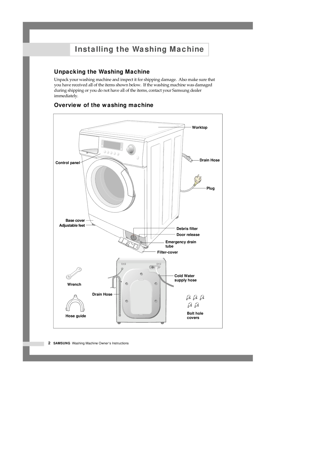 Samsung Q1435VGW1-XEE manual Installing the Washing Machine, Unpacking the Washing Machine, Overview of the washing machine 