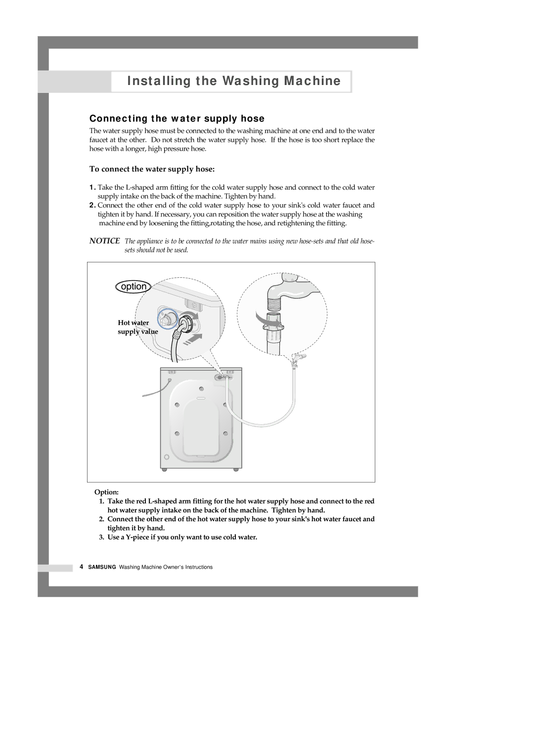 Samsung Q1435GW/XEE, Q1435VGW1/YLE, Q1435VGW1/XEF manual Connecting the water supply hose, Hot water supply value Option 