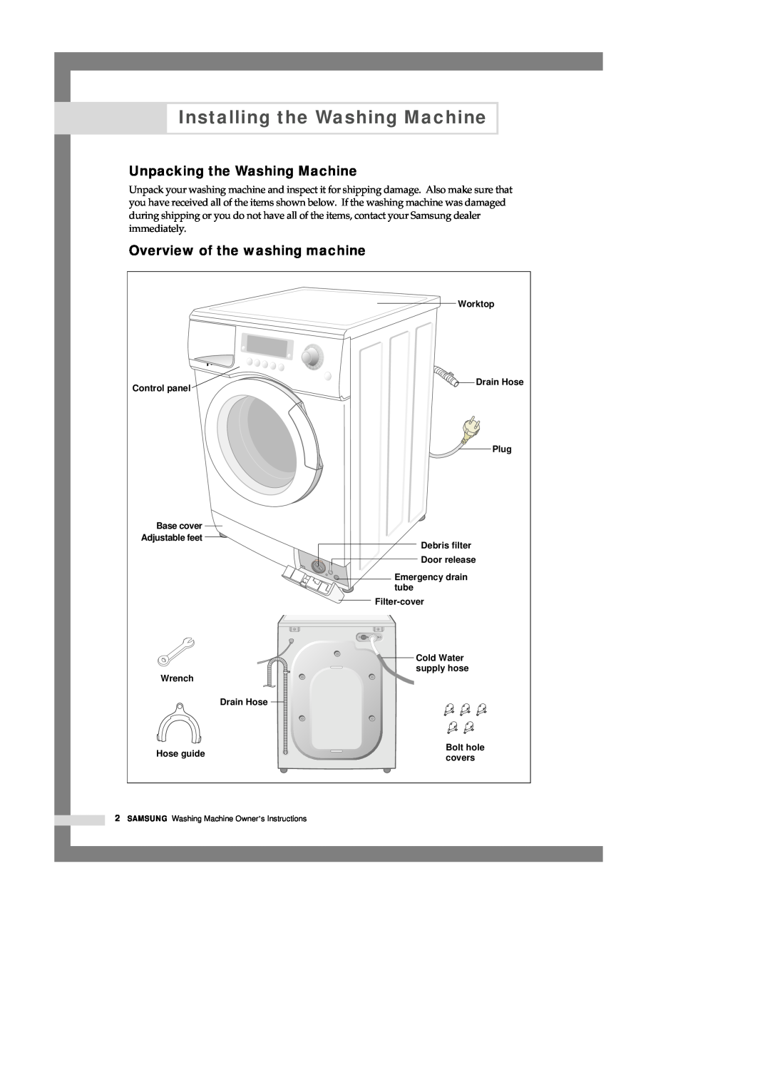 Samsung Q1435VGW1-XEE manual Installing the Washing Machine, Unpacking the Washing Machine, Overview of the washing machine 