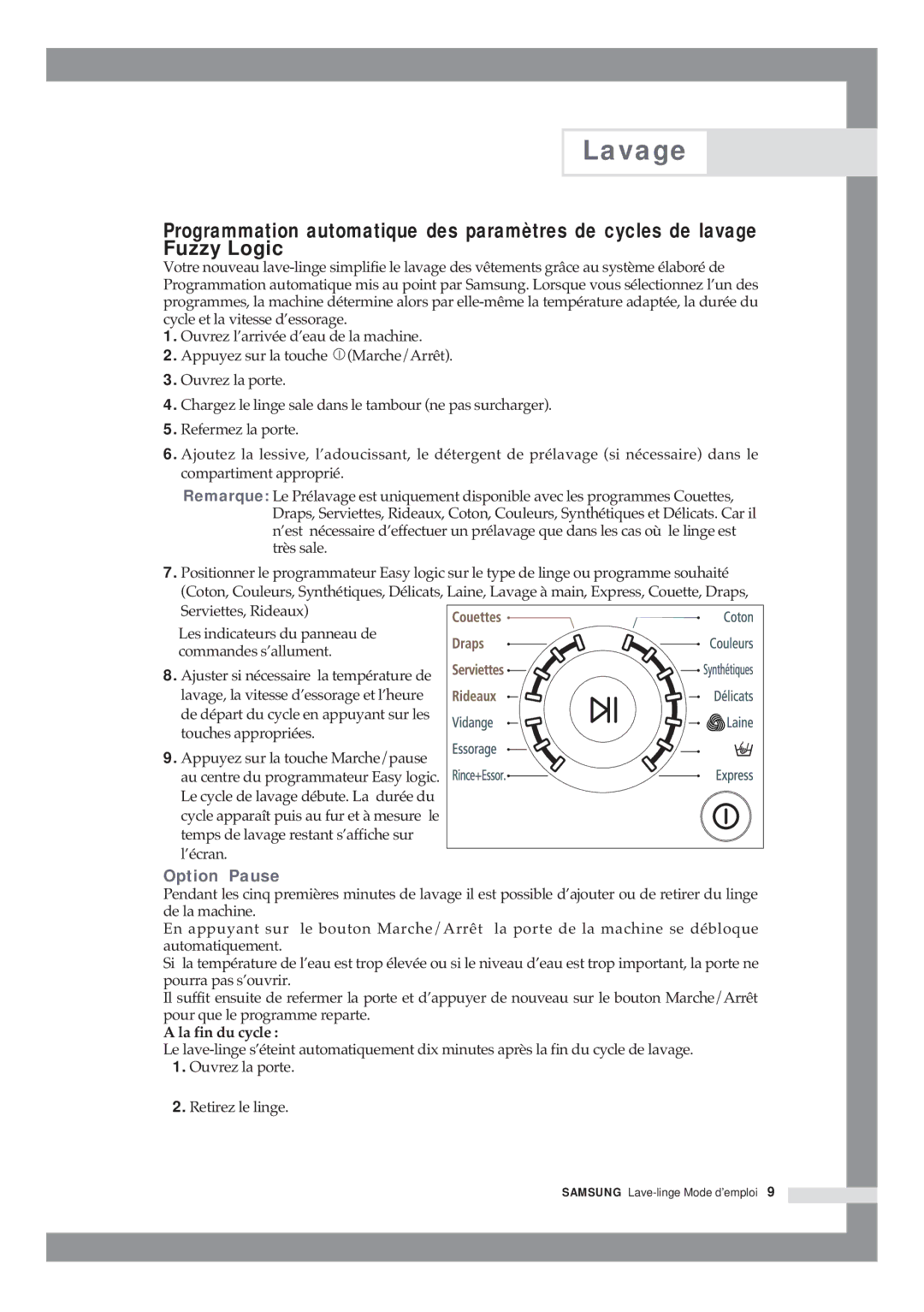 Samsung Q1435VGW1-XEF, Q1435VGW1/YLE, Q1435VGW1/XEF, Q1636VGW/XEF manual Option Pause, La fin du cycle 