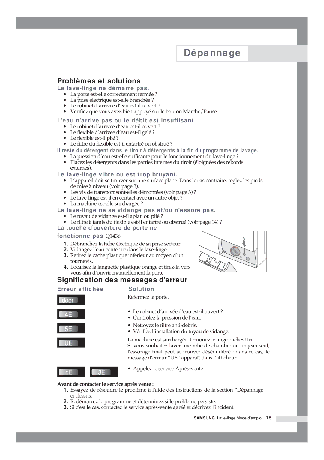 Samsung Q1435VGW1/XEF, Q1435VGW1/YLE, Q1636VGW/XEF Dépannage, Problèmes et solutions, Signification des messages d’erreur 