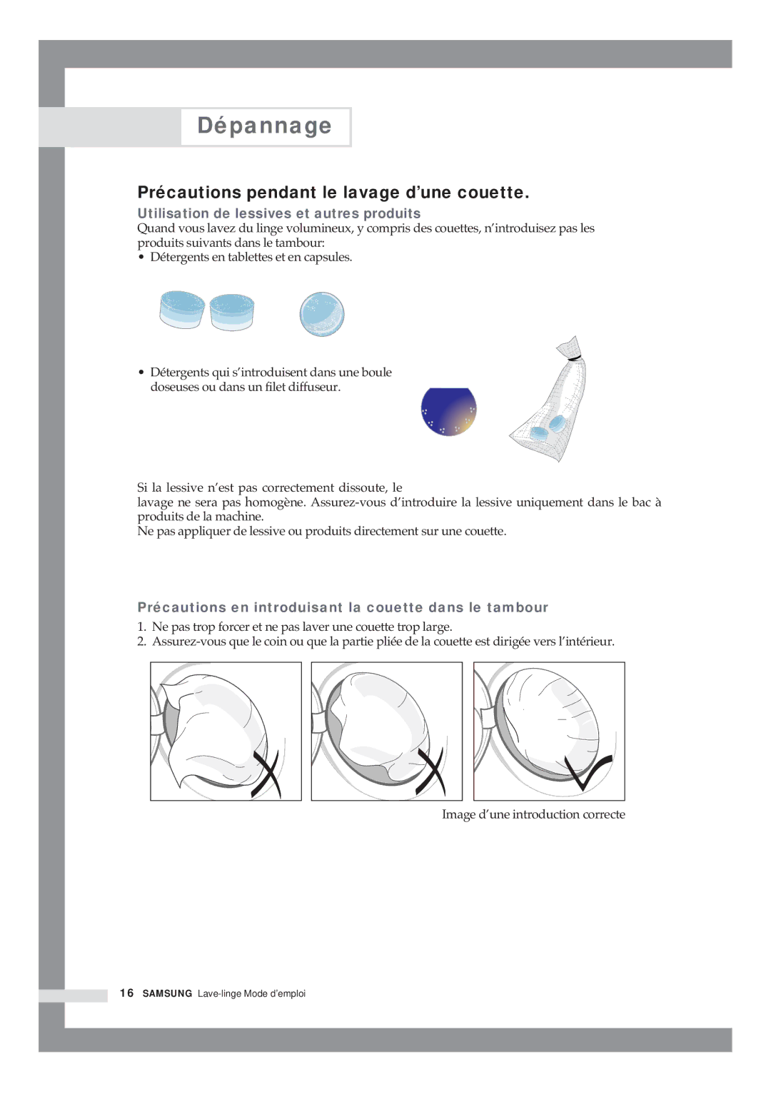 Samsung Q1636VGW/XEF manual Précautions pendant le lavage d’une couette, Utilisation de lessives et autres produits 