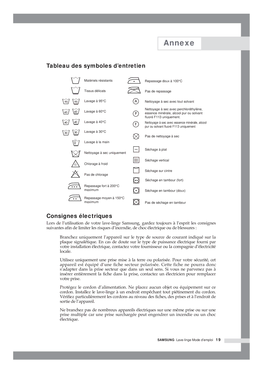 Samsung Q1435VGW1/XEF, Q1435VGW1/YLE, Q1636VGW/XEF manual Annexe, Tableau des symboles d’entretien, Consignes électriques 