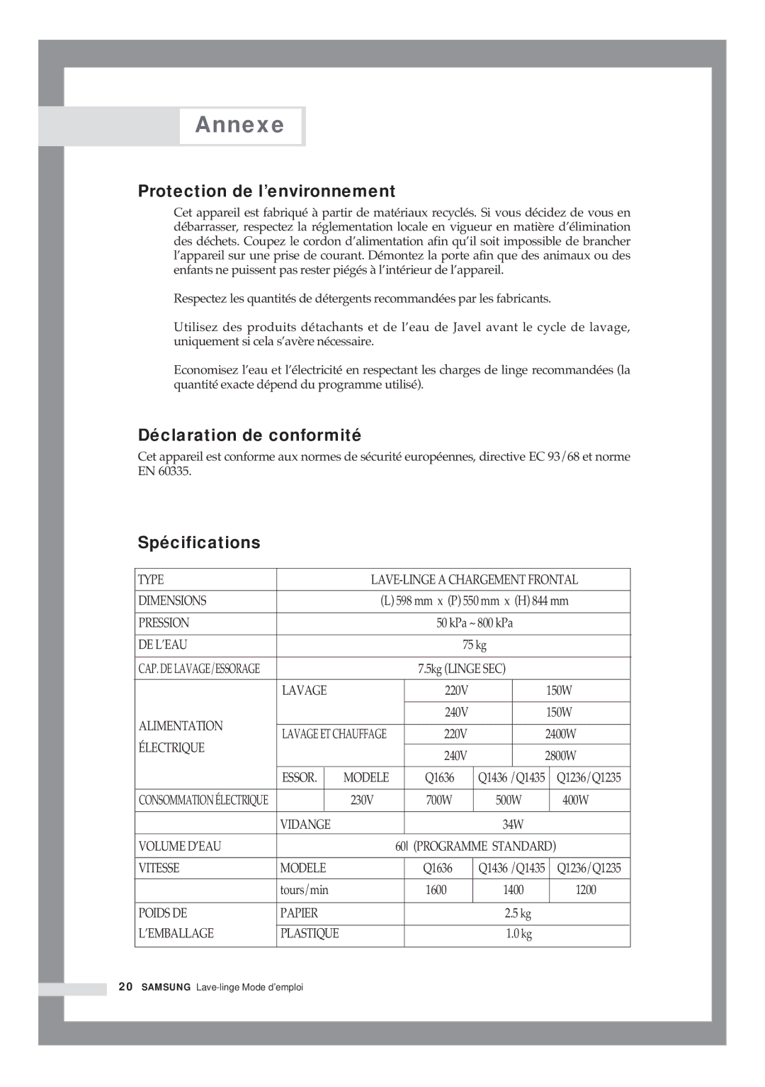 Samsung Q1636VGW/XEF, Q1435VGW1/YLE, Q1435VGW1/XEF Protection de l’environnement, Déclaration de conformité, Spécifications 