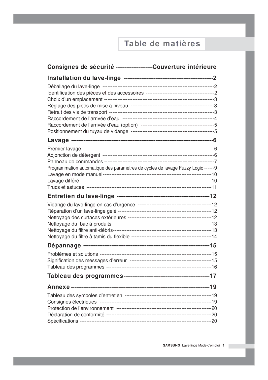 Samsung Q1435VGW1-XEF, Q1435VGW1/YLE, Q1435VGW1/XEF, Q1636VGW/XEF manual Table de matières, Couverture intérieure 