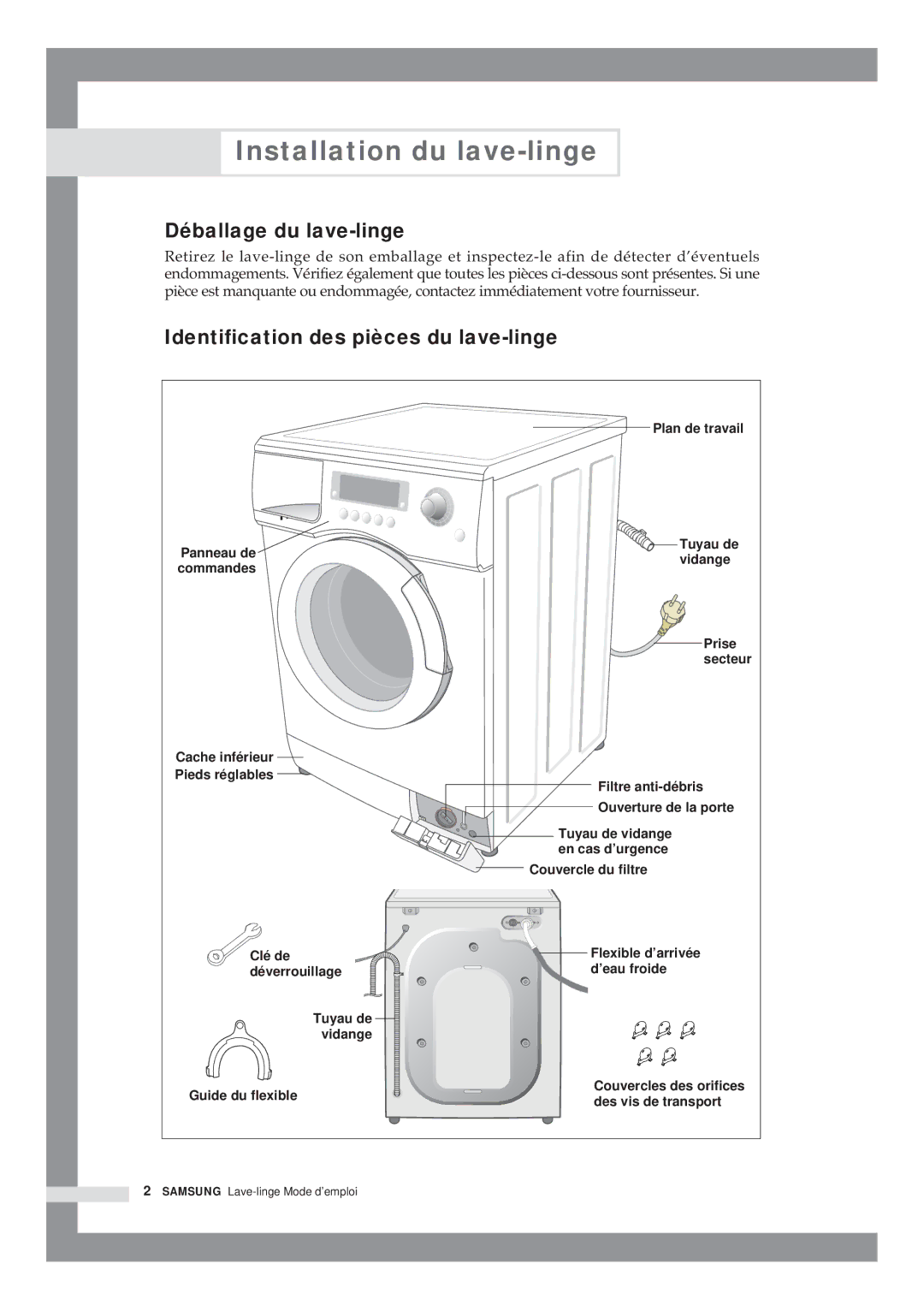 Samsung Q1435VGW1/YLE manual Installation du lave-linge, Déballage du lave-linge, Identification des pièces du lave-linge 