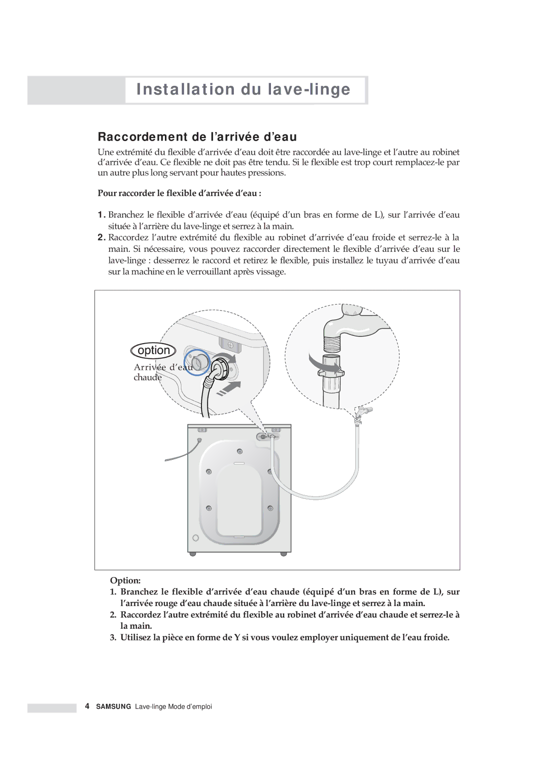 Samsung Q1636VGW/XEF, Q1435VGW1/YLE Raccordement de l’arrivée d’eau, Pour raccorder le flexible d’arrivée d’eau, Option 