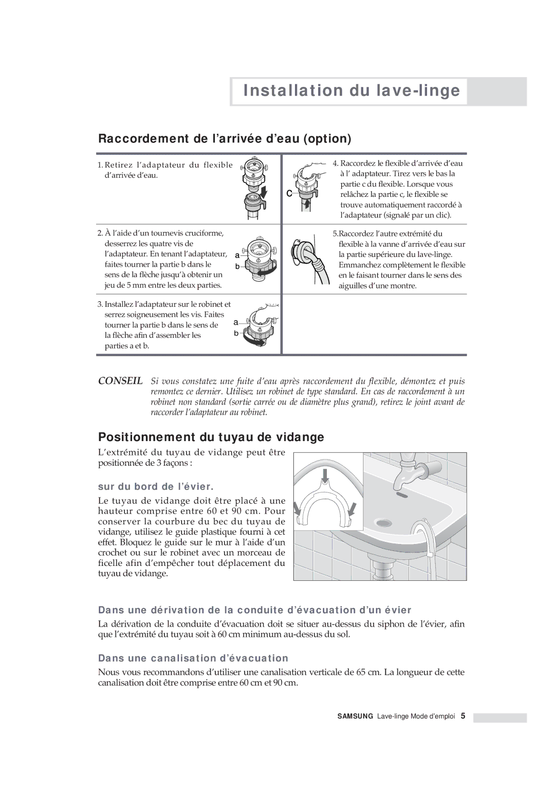 Samsung Q1435VGW1-XEF Raccordement de l’arrivée d’eau option, Positionnement du tuyau de vidange, Sur du bord de l’évier 