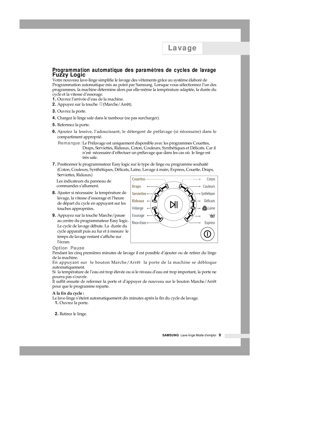 Samsung Q1435VGW1-XEF, Q1435VGW1/YLE, Q1435VGW1/XEF, Q1636VGW/XEF manual Option Pause, La fin du cycle 