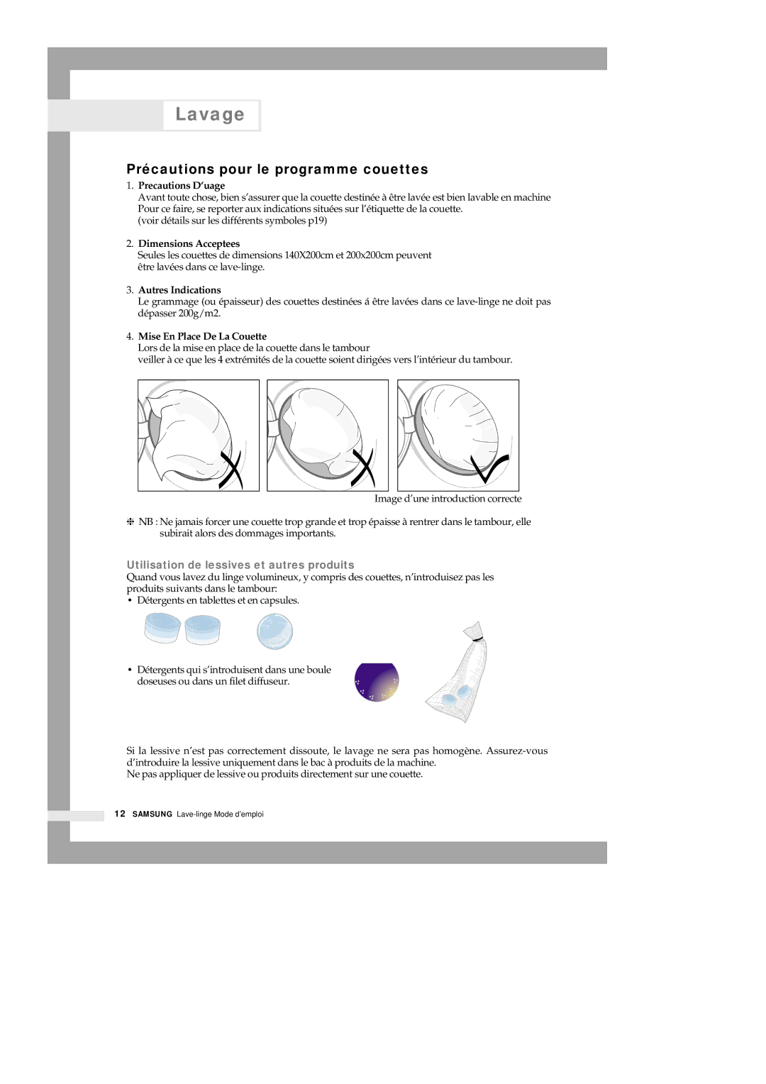 Samsung Q1636VGW/XEF, Q1435VGW1/YLE Précautions pour le programme couettes, Utilisation de lessives et autres produits 