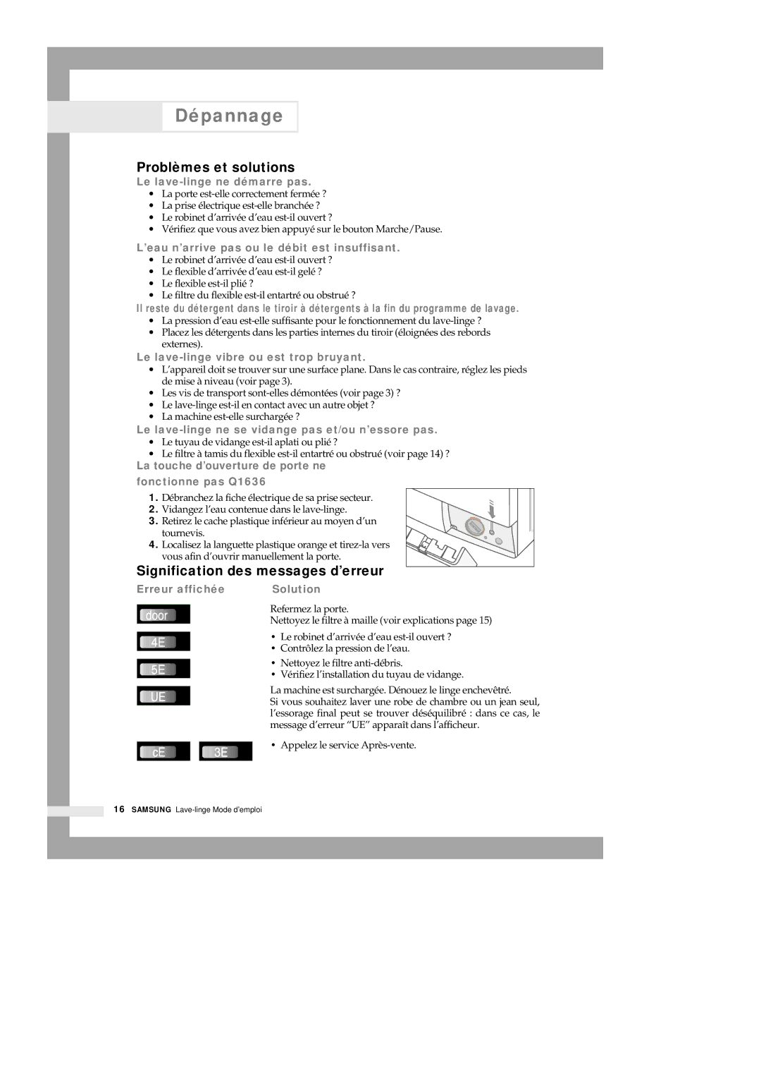 Samsung Q1636VGW/XEF, Q1435VGW1/YLE, Q1435VGW1/XEF Dépannage, Problèmes et solutions, Signification des messages d’erreur 