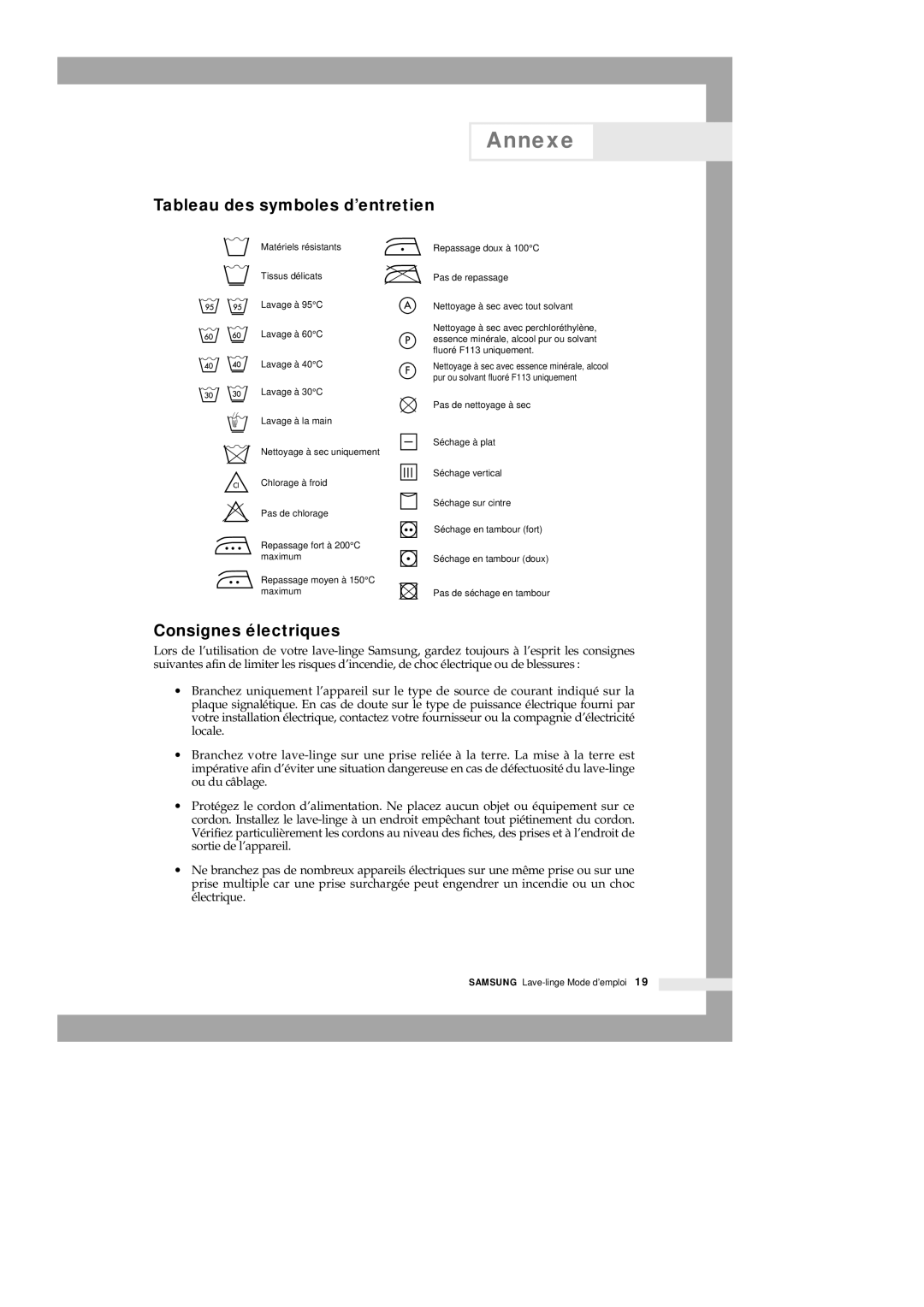 Samsung Q1435VGW1/XEF, Q1435VGW1/YLE, Q1636VGW/XEF manual Annexe, Tableau des symboles d’entretien, Consignes électriques 