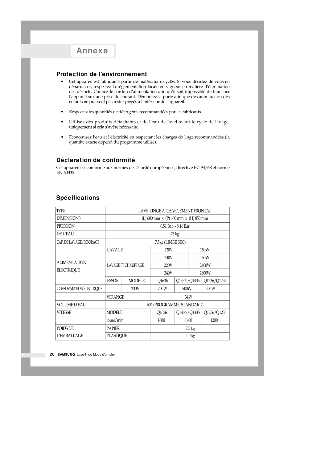 Samsung Q1636VGW/XEF, Q1435VGW1/YLE, Q1435VGW1/XEF Protection de l’environnement, Déclaration de conformité, Spécifications 