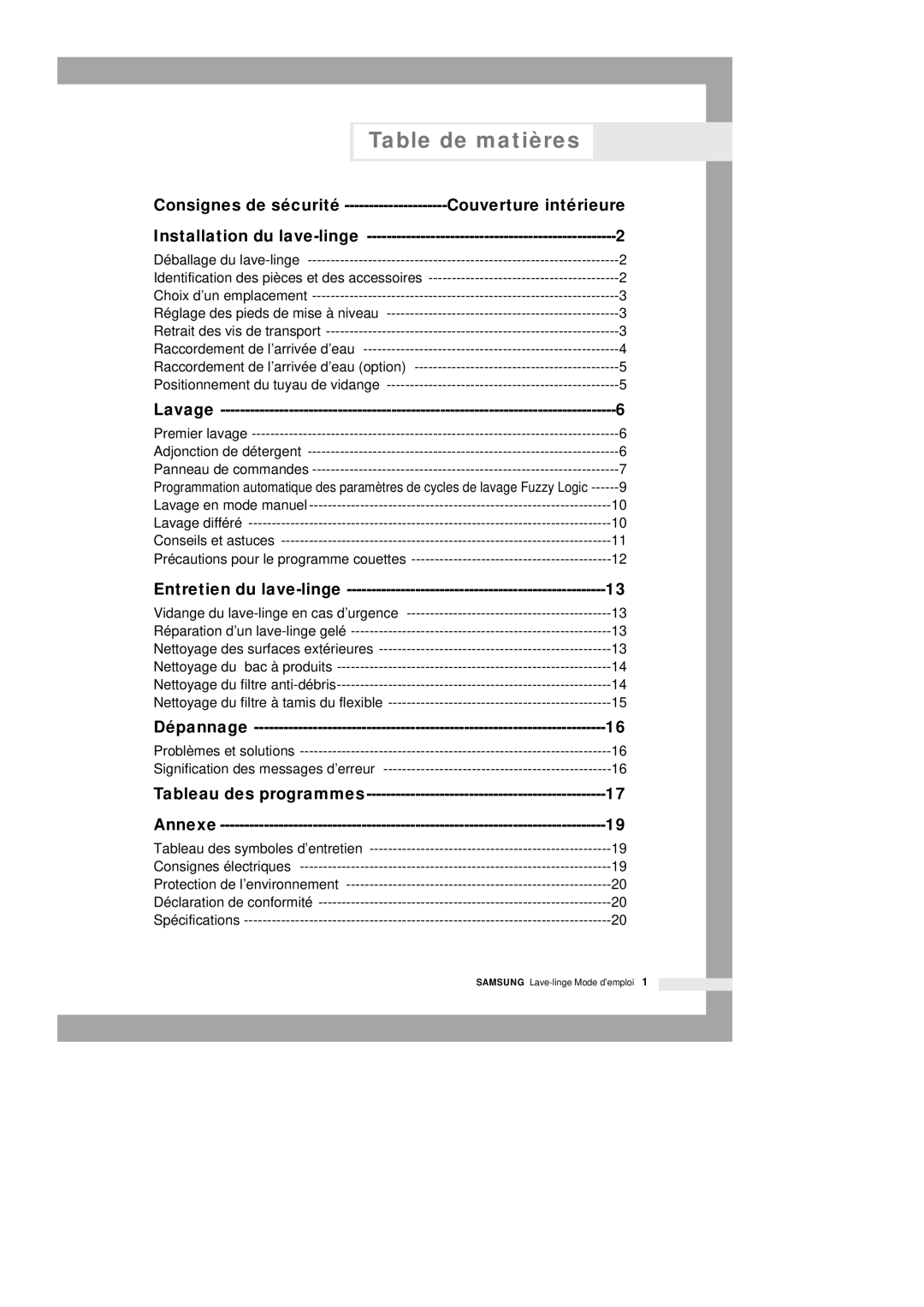 Samsung Q1435VGW1-XEF, Q1435VGW1/YLE, Q1435VGW1/XEF, Q1636VGW/XEF manual Table de matières, Couverture intérieure 